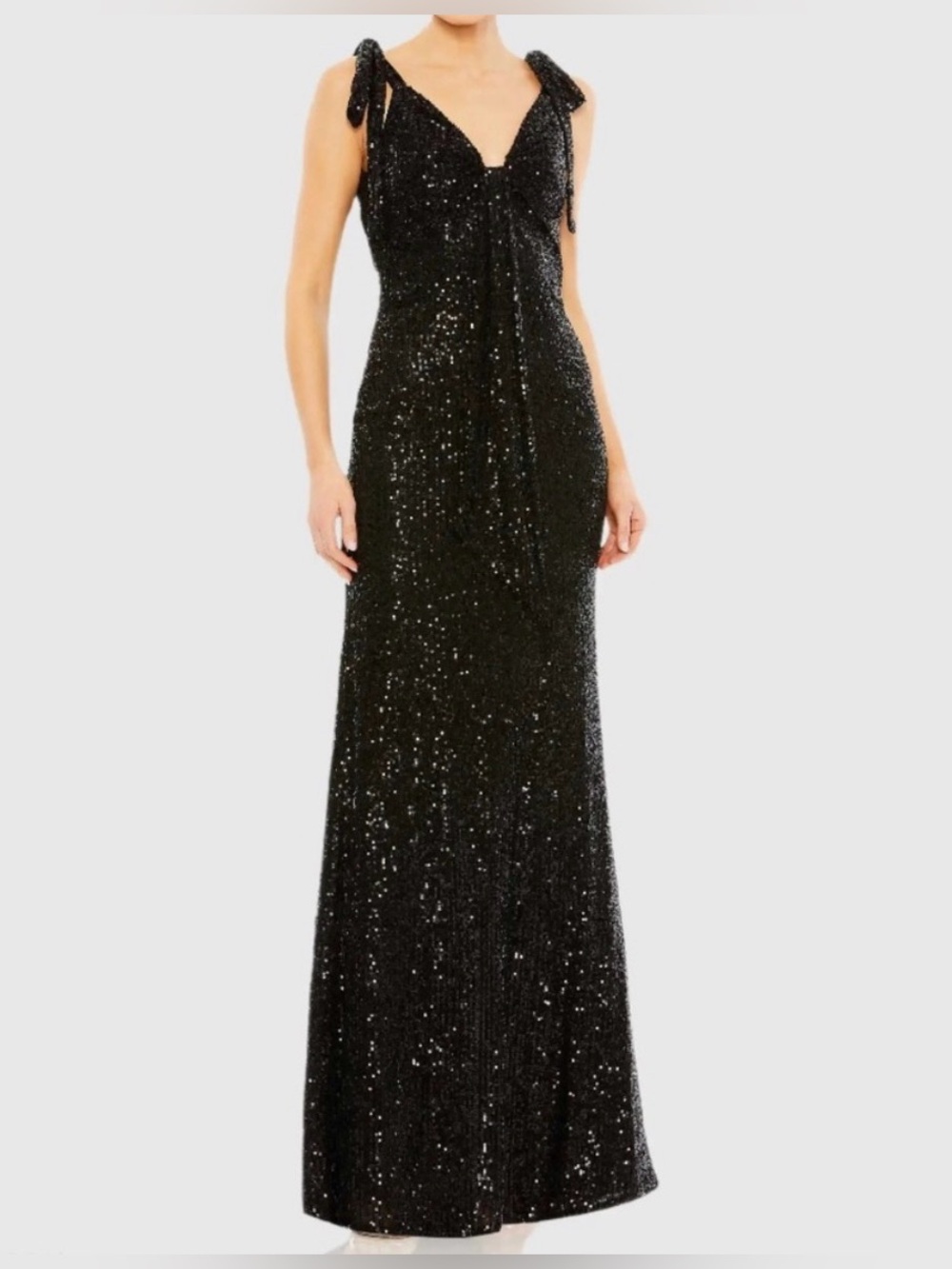 🔥NWT Mac Duggal Black Sequin Low Back Tie-Shoulder Maxi Gown🔥